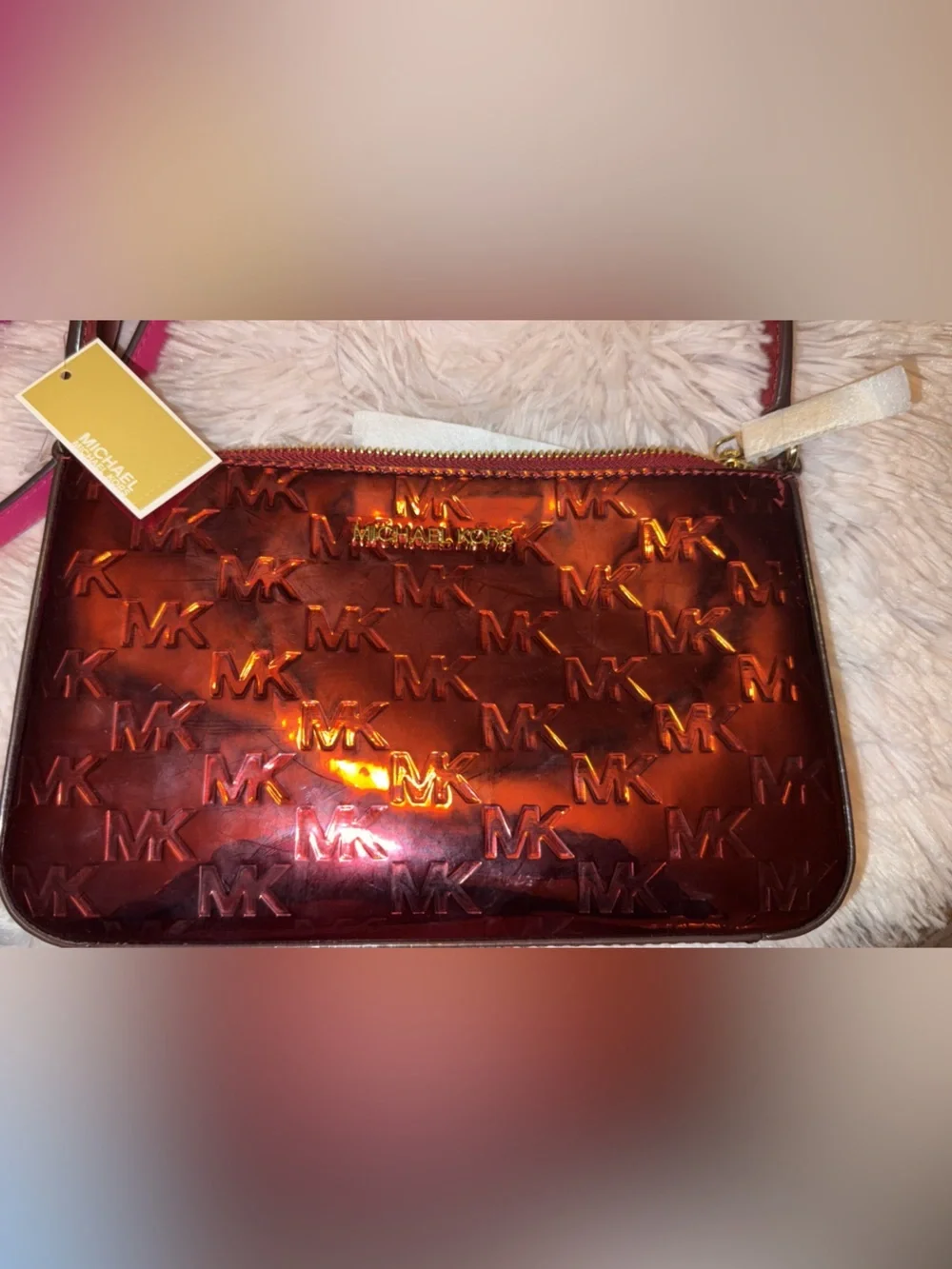 Michael Kors Red Metallic MK-Embossed Crossbody with Beige Strap